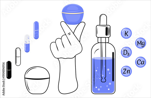 Set of cosmetics and vitamins for skin and hair care. Vector kit of isolated elements in black line art with partial blue coloring. A jar of cream, bottle of hyaluronic acid, capsules. Fingers holding