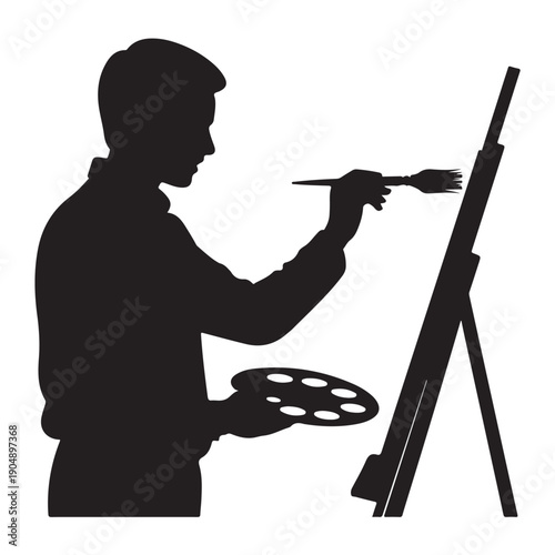Silhouette of an artist painting on an easel with a palette