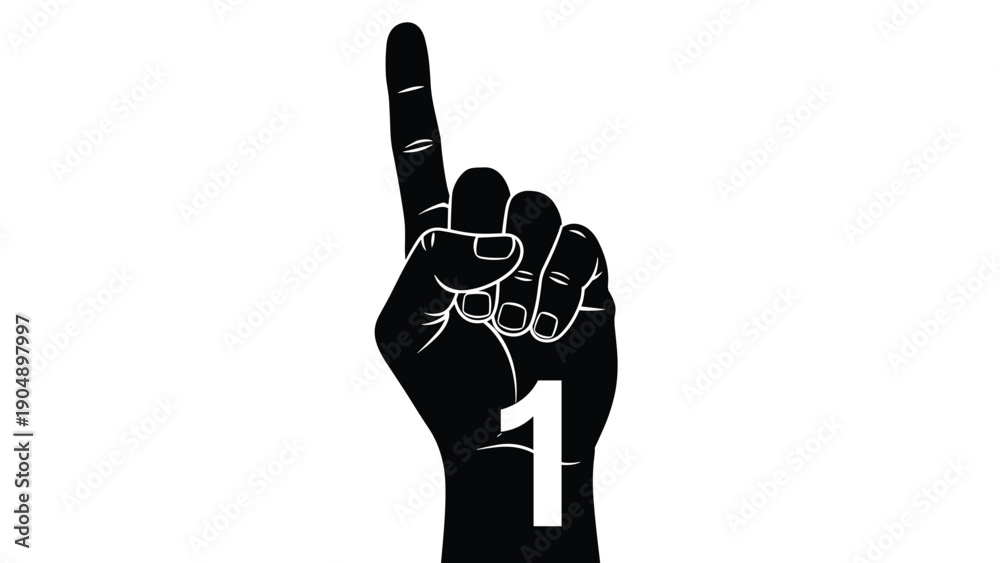 Obraz premium Black silhouette of human hand showing index finger up with white number one representing first place or winner.