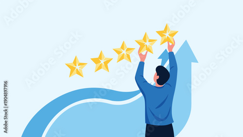 Customer places a glowing fifth star into a ranking sequence to show maximum satisfaction and perfect service quality evaluation.