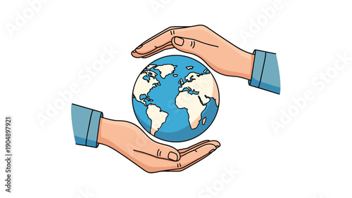 Pair of human hands gently cup and shelter the blue planet Earth, representing global environmental protection and world peace efforts.