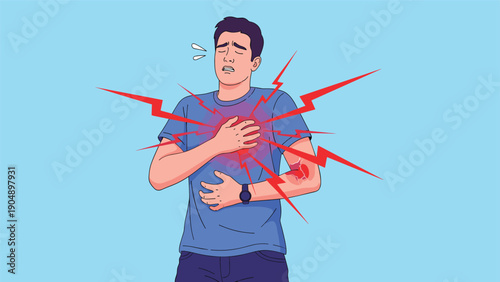Man expresses severe distress and holds his chest while red lightning bolts emanate from the heart area, indicating a sudden heart attack.