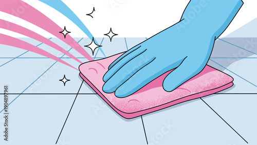 Hand wearing a blue cleaning glove wipes a tiled floor or counter with a pink cloth, creating a sparkling and hygienic environment.
