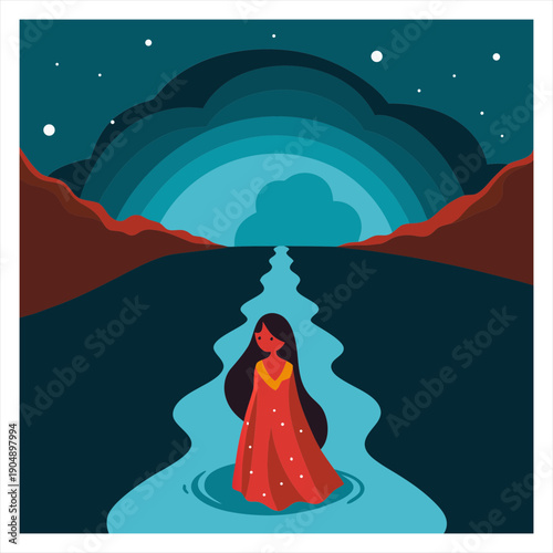 A girl on the cave road vector art illustration