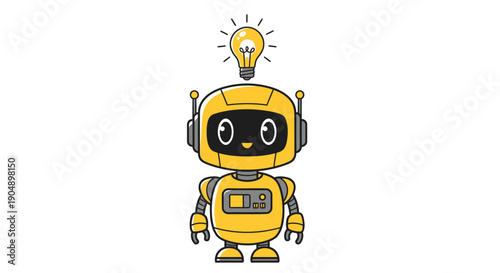 Cute robot with glowing lightbulb above head idea innovation concept vector