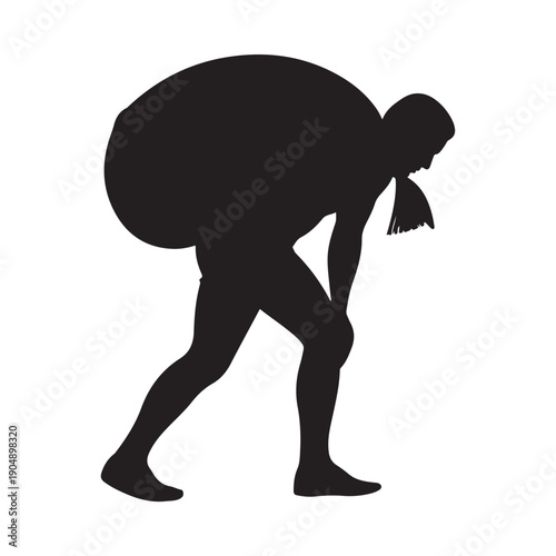 Silhouette of man carrying heavy sack vector illustration