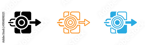 Three colored icons of a camera with an arrow