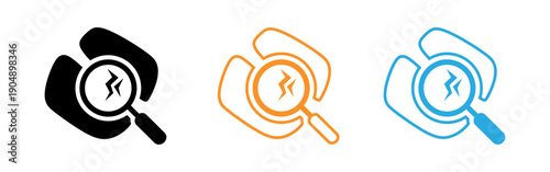 Three colored magnifying glass icons with cracked lens