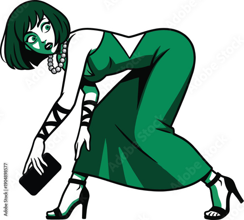 Elegant Woman In Green Dress Bending