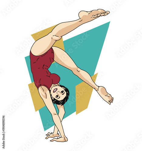 Female Gymnast Doing Handstand Split Pose