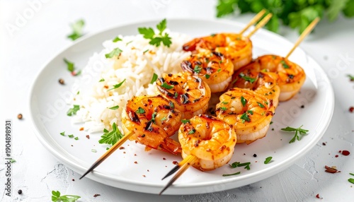 Grilled shrimp skewers with a side of rice, garnished with fresh herbs, plated on a white plate, soft natural lighting, simple and elegant food photography.