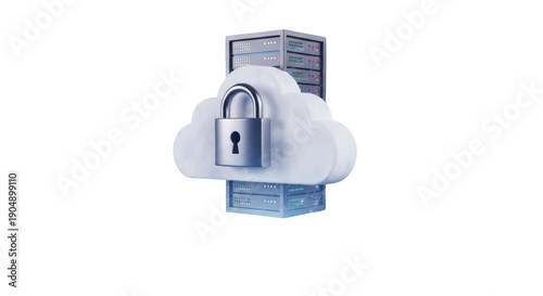 Cloud security padlock on server data center network storage computing protection isolated on transparent background