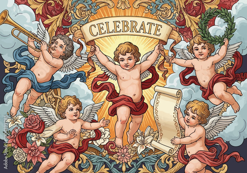 Vintage cherubs celebrate with banner flowers and musical instruments in ornate floral setting