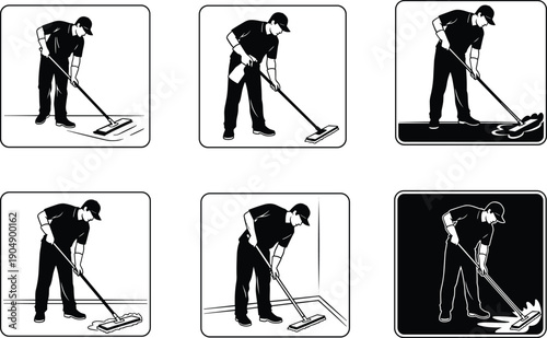 Floor cleaning worker silhouette set showing professional janitor mopping surfaces, wet cleaning process, housekeeping service tasks, and maintenance work isolated on white background