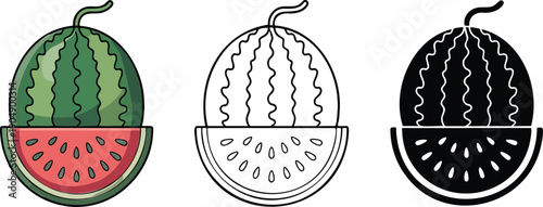 Watermelon silhouette & Outline and illustration set isolated on transparent background