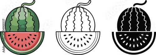 Watermelon silhouette & Outline and illustration set isolated on transparent background