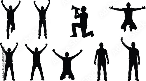 Man silhouette set showing jumping, cheering, shouting with megaphone and victory poses, celebration, success and motivation concept illustration for achievement, freedom and positive emotion design