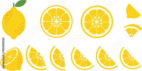 Illustrations of whole and sliced lemons in various stages of cutting