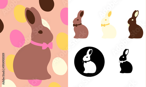 Chocolate Easter bunny with bow tie and pastel egg pattern flat design