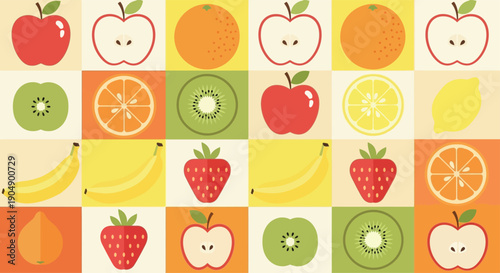 Colorful assortment of fruits arranged in a vibrant grid pattern