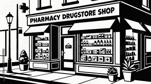 pharmacy drugstore shop retail interior business commercial market display products customer service shopping merchandise storefront design sales urban local with shelves medicine