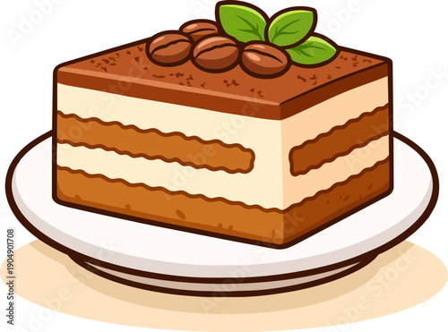 Cute flat tiramisu dessert slice with coffee topping vector illustration isolated on white background.