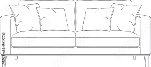 Simple line art drawing of a modern two-seater sofa featuring square seat cushions and four plush back pillows ideal for interior design blueprints and furniture catalogs.