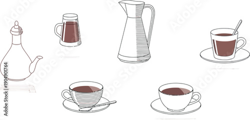 Collection of stylized minimalist coffee and beverage service items including various white pitchers cups and saucers presented on a clean white background illustration
