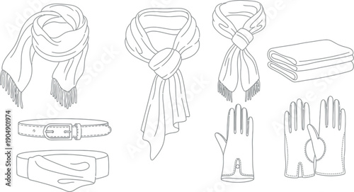 Collection of essential winter clothing accessories including various styled scarves folded blankets belts and detailed elegant leather gloves illustrated in black and white outline format