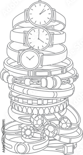Detailed black and white line art illustration showcasing a tall vertical stack of assorted luxury jewelry including wristwatches bracelets bangles and various ornate rings for coloring.