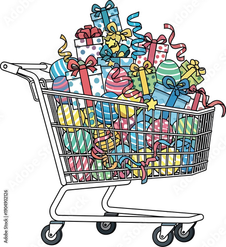Shopping cart overflowing with colorful holiday gifts and festive wrapped boxes represents excessive seasonal consumerism and massive retail purchases.