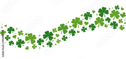 Clover flow border with hearts and sparkles, St. Patrick’s Day shamrock clover background, wavy vector border with flying elements