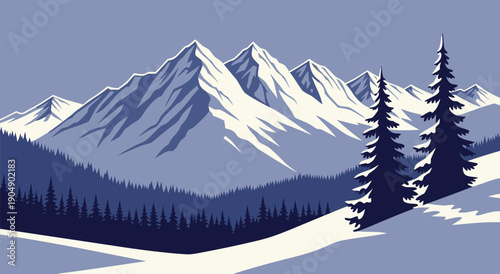 Serene Mountain Range Snowscape Vector Illustration - A Beautiful Winter Landscape with Pine Trees
