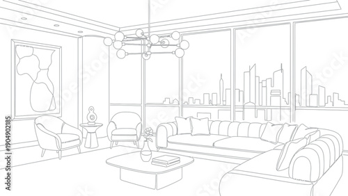 Sophisticated modern living room outline drawing showcasing plush seating arrangements and an expansive window view of a metropolitan city skyline for coloring activities.