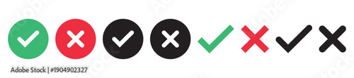 Green check mark, red cross mark icon set. Isolated tick symbols, checklist signs, approval badge. Flat and modern checkmark design, vector illustration.