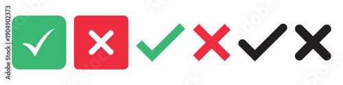 Green check mark, red cross mark icon set. Isolated tick symbols, checklist signs, approval badge. Flat and modern checkmark design, vector illustration.