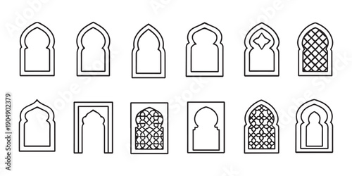 Golden islamic window frame vector illustration collection. Arabian radmadan border design isolated on white.