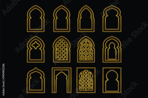 Golden islamic window frame vector illustration collection. Arabian radmadan border design isolated on white.