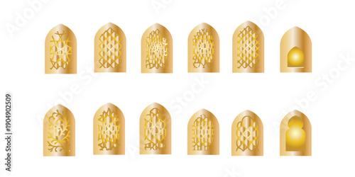 Islamic door and window shape. mosque gates and window frame. Traditional islamic arches boho minimalist design, arabic geometric frames with mosque dome silhouette. Set of Islamic border
