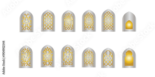 Islamic door and window shape. mosque gates and window frame. Traditional islamic arches boho minimalist design, arabic geometric frames with mosque dome silhouette. Set of Islamic border