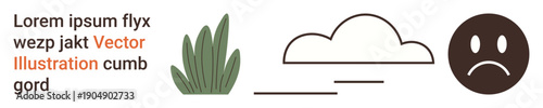 Nature, emotions, weather, mental health, mood , environment. A green plant, minimal cloud drawing and a sad face icon. Nature and emotions conceptual theme