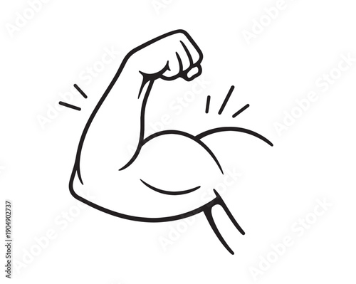 Flexing arm bicep muscle icon: Hand drawn black and white line art doodle