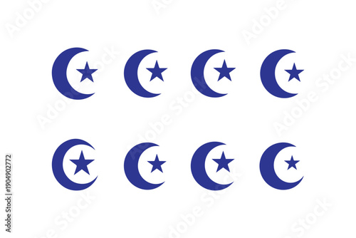 Celestial Symbolism: Collection of artistic moon and star icons, each icon depicting a crescent moon and a five-pointed star, evokes feelings of serenity and cosmic 
