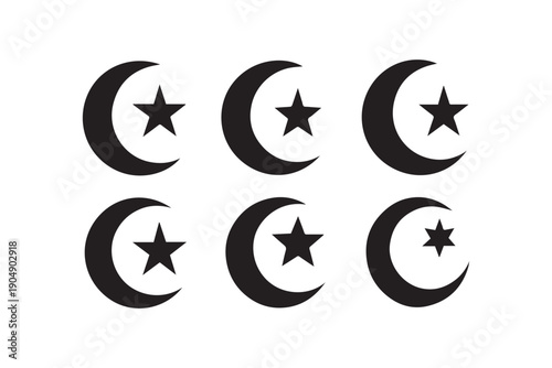 Celestial Symbolism: Collection of artistic moon and star icons, each icon depicting a crescent moon and a five-pointed star, evokes feelings of serenity and cosmic 