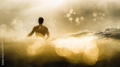 Person surfing in golden hour sunlight