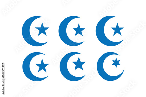 Celestial Symbolism: Collection of artistic moon and star icons, each icon depicting a crescent moon and a five-pointed star, evokes feelings of serenity and cosmic 