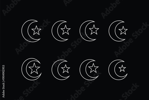 Set of black Islamic crescent moon and star silhouettes with mosque icon for Ramadan Kareem, Eid Mubarak, and religious designs