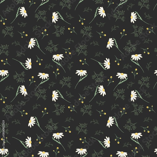 seamless floral dark gray pattern with camomile, dill, no background, white flowers, print for fabric, textile, wrapping paper, cloth 