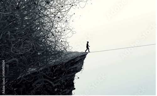 A person walks on a tightrope from a chaotic dark past to a bright future