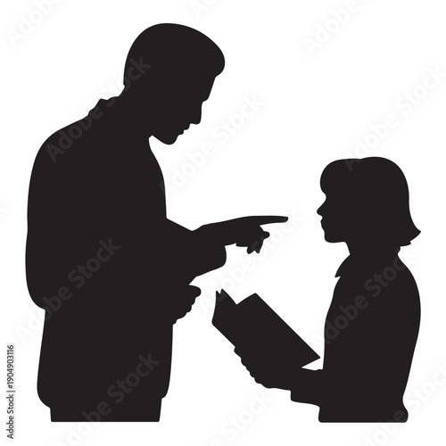 Teacher pointing at child holding book silhouette education